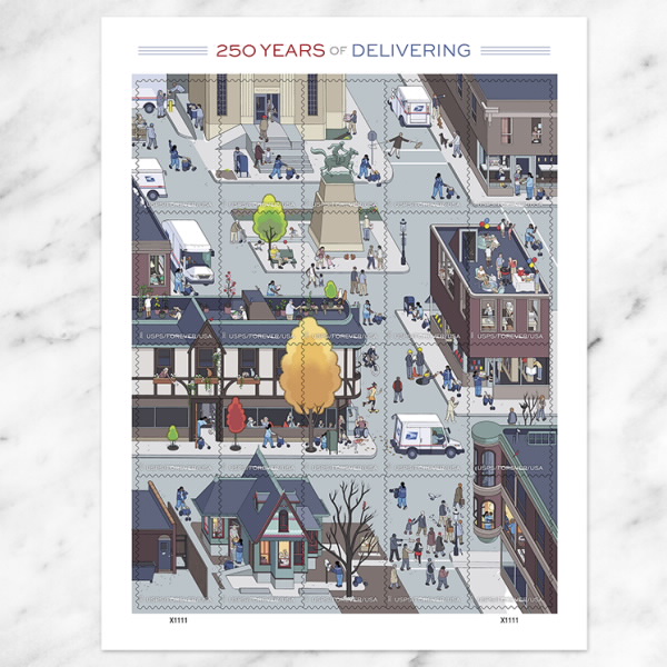 250 Years of Delivering Stamps 250 Years of Delivering," "USPS 250th Anniversary," and "Chris Ware stamps