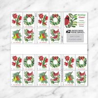2025 Holiday Cheer Stamps, Holiday Cheer Forever Stamps 2025, USPS Holiday Cheer Stamps 2025, 2025 holiday postage stamps, Holiday Cheer stamps with cardinals, Holiday Cheer stamps with wreath, 2025 holiday cards with stamps