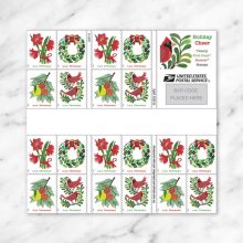 2025 Holiday Cheer Stamps, Holiday Cheer Forever Stamps 2025, USPS Holiday Cheer Stamps 2025, 2025 holiday postage stamps, Holiday Cheer stamps with cardinals, Holiday Cheer stamps with wreath, 2025 holiday cards with stamps