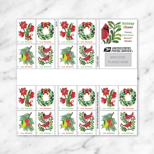2025 Holiday Cheer Stamps 2025 Holiday Cheer Stamps, Holiday Cheer Forever Stamps 2025, USPS Holiday Cheer Stamps 2025, 2025 holiday postage stamps, Holiday Cheer stamps with cardinals, Holiday Cheer stamps with wreath, 2025 holiday cards with stamps