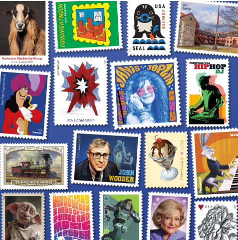 Collection of diverse US postage stamps featuring historical figures, cartoons, and art; find discount stamps.