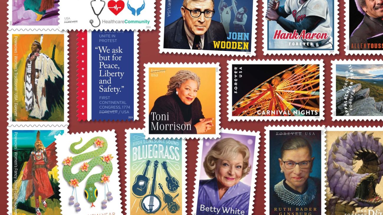 Collection of new USA Forever stamps featuring diverse themes, people, and landscapes.