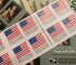 Sheets of U.S. 'Freedom' and 'Christmas' discount stamps on a money background.