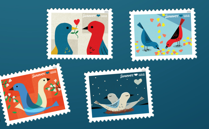 Four Forever USA romantic bird-themed discount stamps for mailing.
